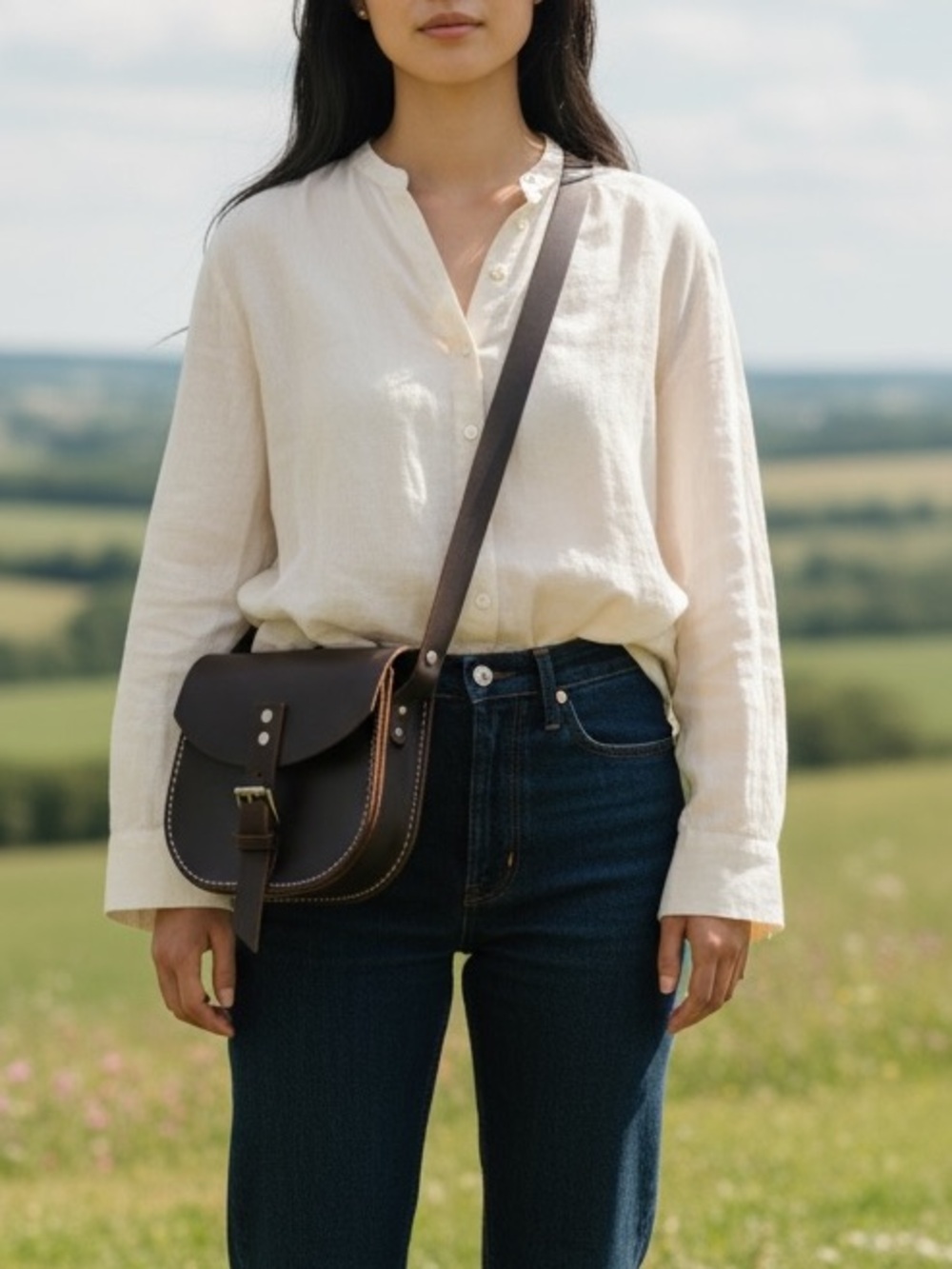 Dark Brown Leather Saddle Crossbody Bag